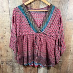 Boho Kimono Sleeve Peplum Blouse Red Teal Paisley Print Drawstring Waist V-Neck